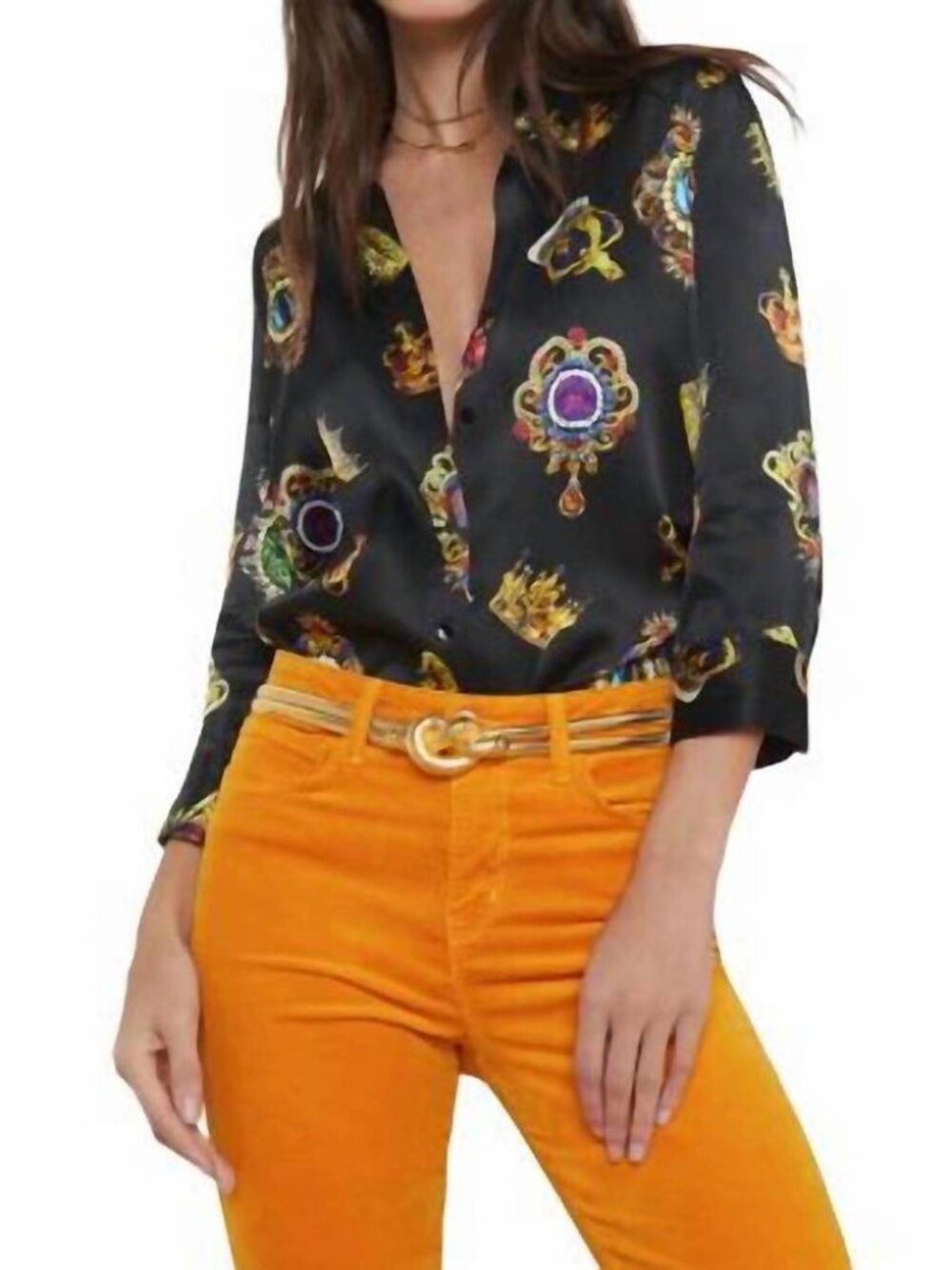 L'AGENCE Dani 3/4 Sleeve 100% Silk Blouse in Black Multi Crown Medallion Size L